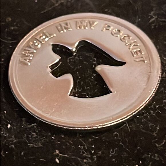 1” silver tone round coin w/Angel shape cut out “Angel in my pocket” - Picture 7 of 12